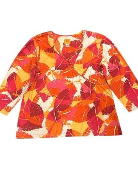 Ruby Road Leaf Print Wrap-Style Top in Orange & Pink